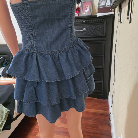 Denim Button-Front Ruffle Mini Dress - Blue - Picture 4 of 7